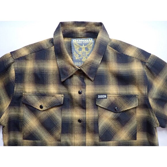 Dixxon Flannel Gold Standard Black Yellow Plaid Pearl Snap Button Womens L Biker - Picture 2 of 5